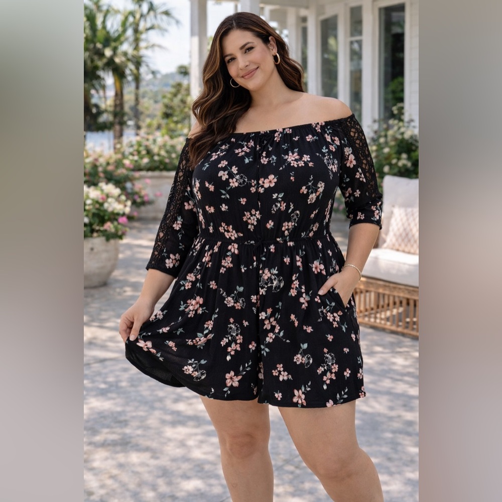 Xhilaration Floral Romper XXL Black Pink Off Shoulder Boho Lace Sleeve